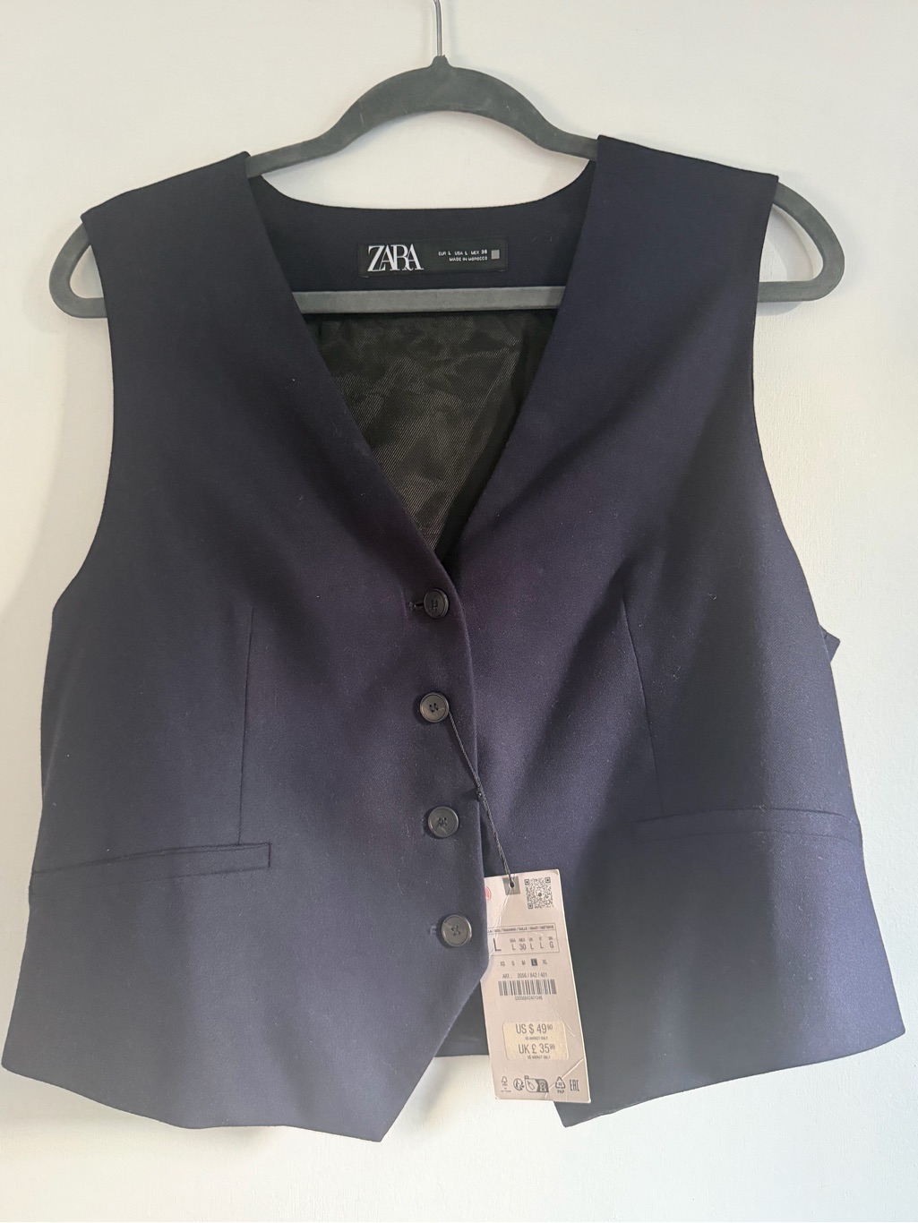 Zara Navy Structured Vest  Buttoned Front